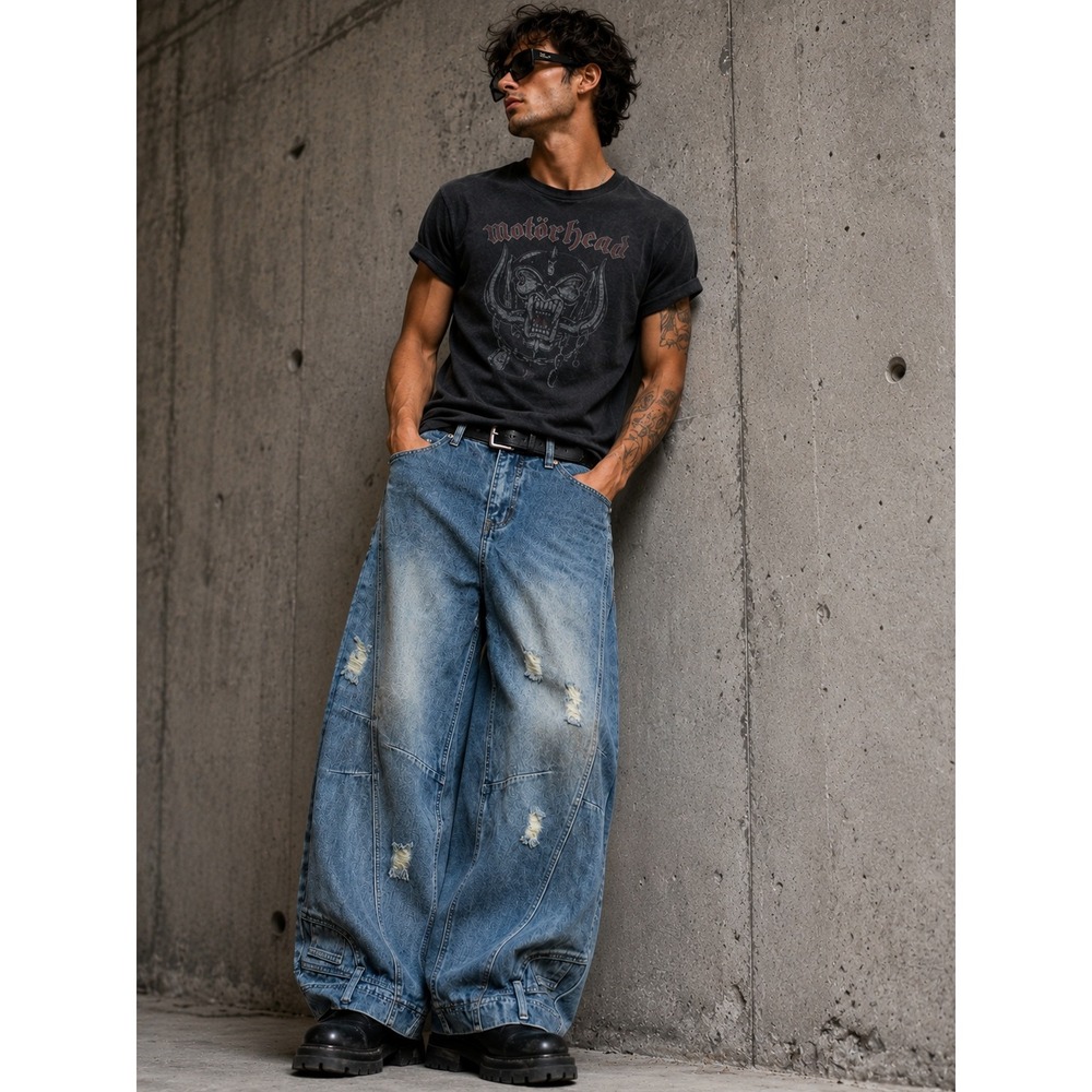 Supermade Distressed Wide Leg Baggy Barrel Denim Jeans Mens Size M NEW